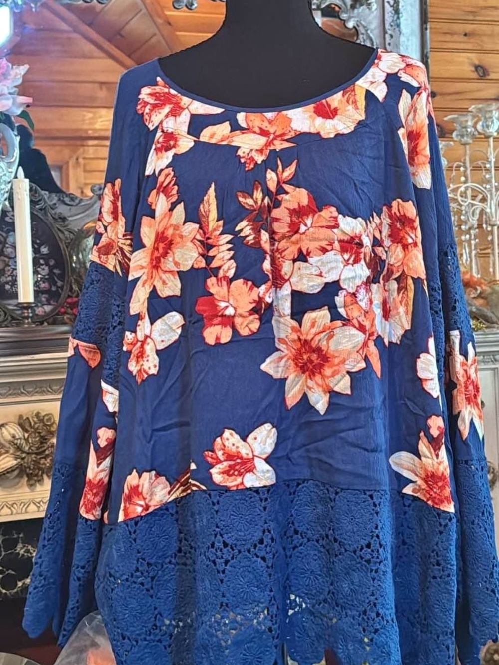 Navy Floral Crochet-Hem Tunic Top